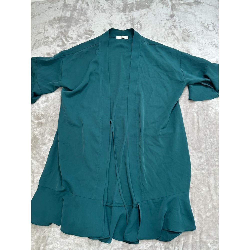 Zexxxy Robe Women's Size Small Green Short Sleeve Open Tie Off Mid‎ Length EUC
